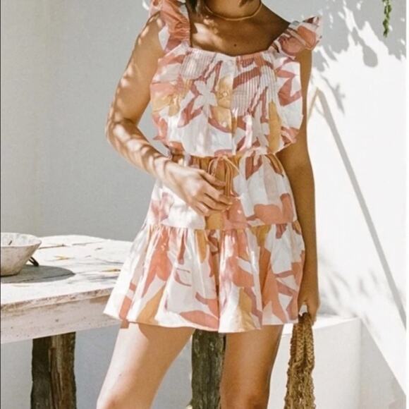 Sabo Skirt | Mao Mini Dress Linen Blend Floral Ruffles Pleats Orange Pink XS - Picture 1 of 10